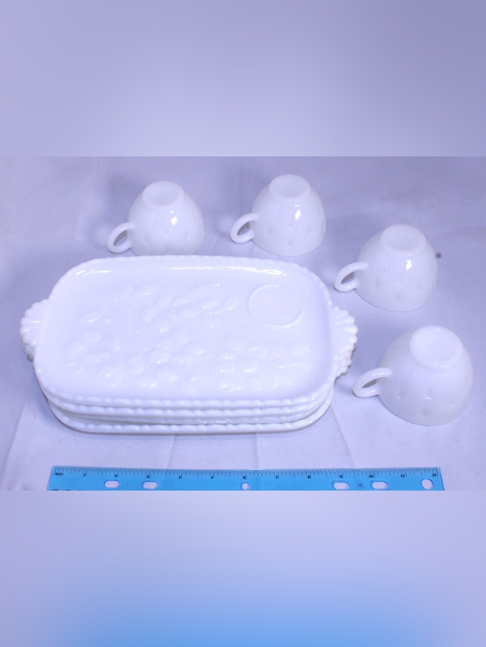 Vintage Hazel Atlas Dogwood Milk Glass Snack Set of 4 Snack Trays and 4 Cups